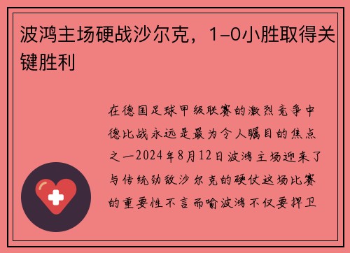 波鸿主场硬战沙尔克，1-0小胜取得关键胜利